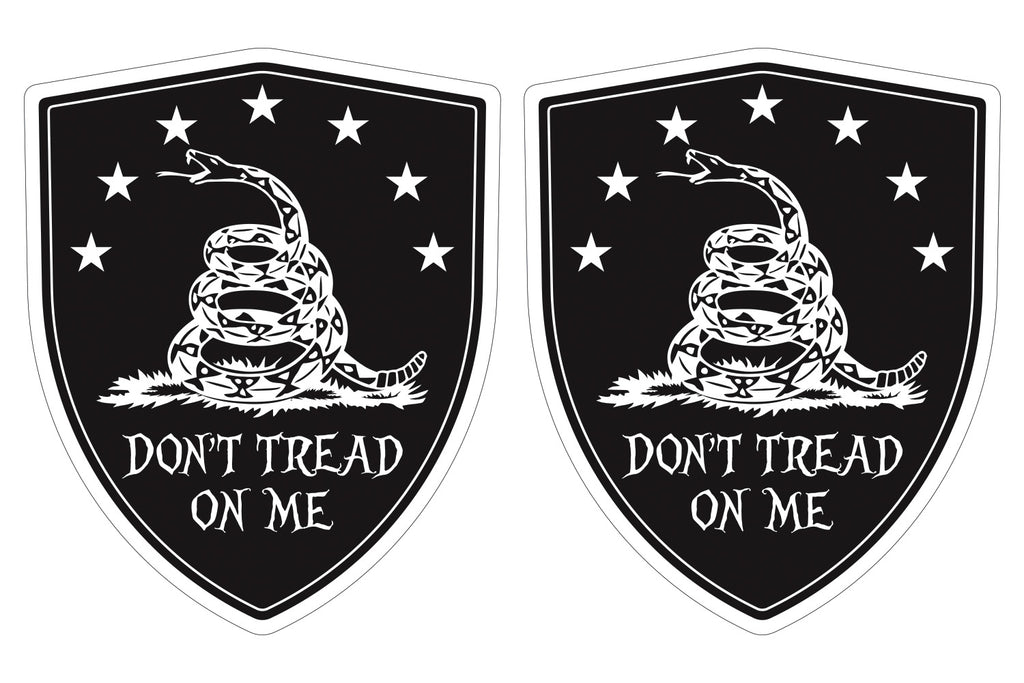Don't Tread on Me BLACK Gadsden flag Shield shape decal car bumper window sticker set of 2, SH061