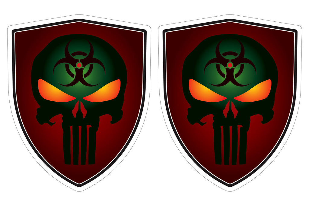 Punisher Skull Zombie flag Shield shape decal car bumper window sticker set of 2, SH069