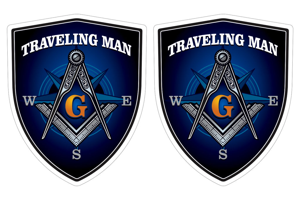 Traveling Man Mason masonic flag Shield shape decal car bumper window sticker set of 2,  SH067