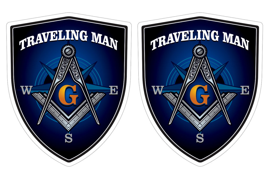 Traveling Man Mason masonic flag Shield shape decal car bumper window sticker set of 2, SH067