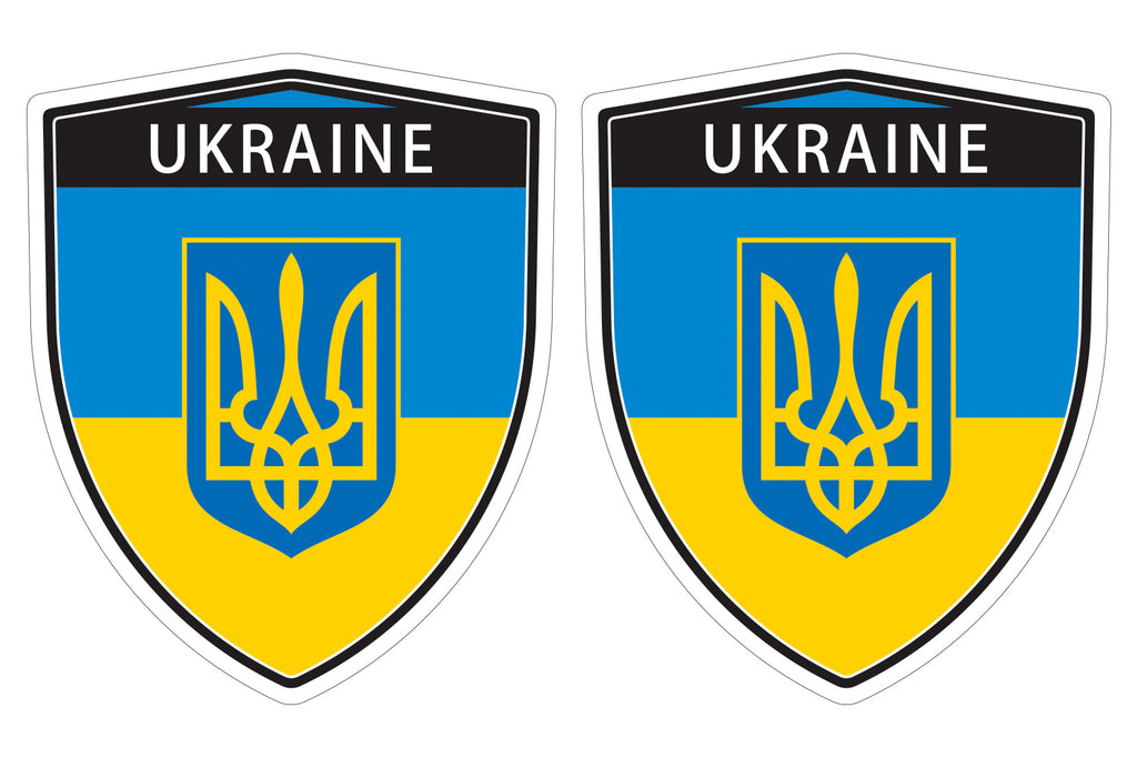 Ukraine Ukrainian Flag with Trident Tryzub Shield shape decal car bumper window sticker set of 2, SH054