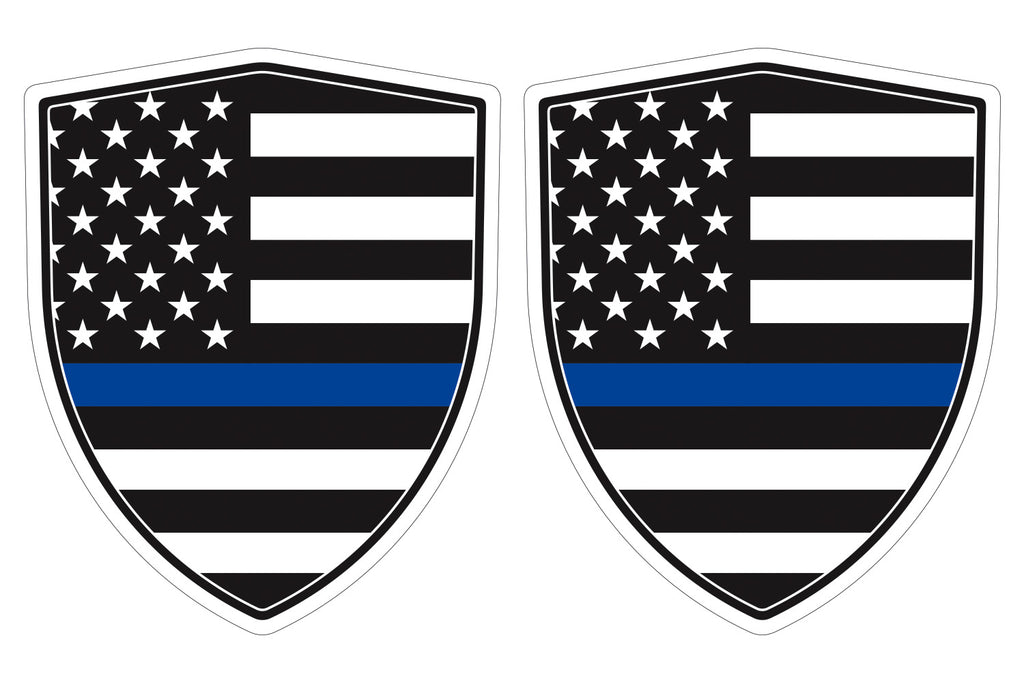 USA Police Thin blue line Flag Shield shape decal car bumper window sticker set of 2, SH068