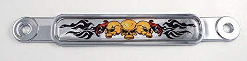 3 Scull with Flames Flag Chrome Emblem Screw On car License Plate Decal Badge