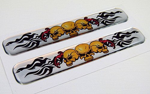 Skulls with flames Domed Decal Emblem Resin chrome car stickers 5"x 0.82" 2pc.