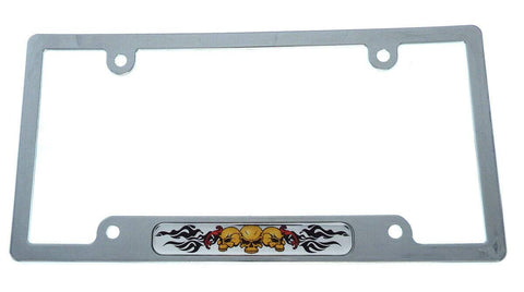 Skull 3 with Flame Flag car License Plate Frame Chrome Plated Plastic CP08