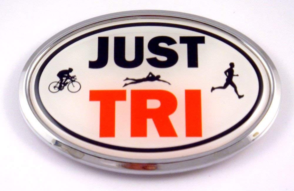 JUST TRI Triathlon Emblem Chrome Decal Run Swim Bike with Dome Sticker Medallion Sport