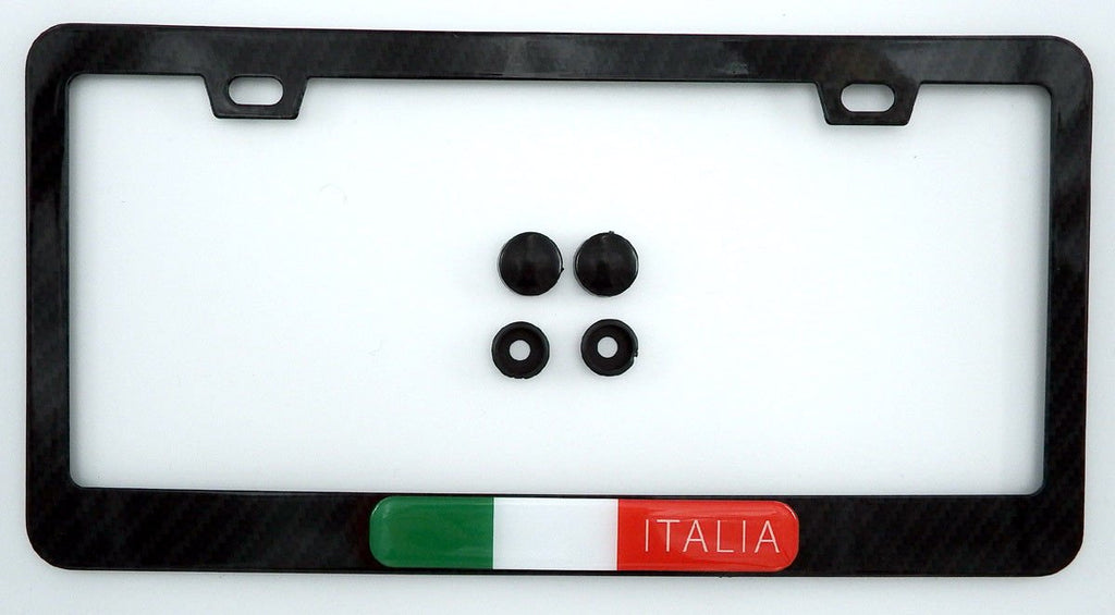 Italy Italian Flag Black Carbon Fibre Fiber Look Metal Car License Plate Frame