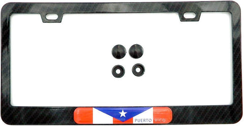 Puerto Rico Flag Black Carbon Fiber Look Metal Car License Plate Frame