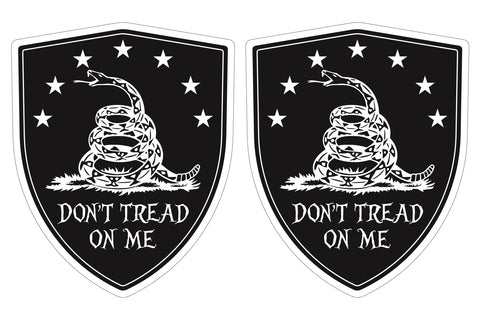 Don't Tread on Me BLACK Gadsden flag Shield shape decal car bumper window sticker set of 2,  SH061