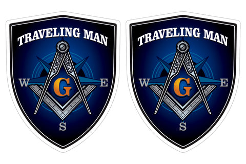 Traveling Man Mason masonic flag Shield shape decal car bumper window sticker set of 2,  SH067