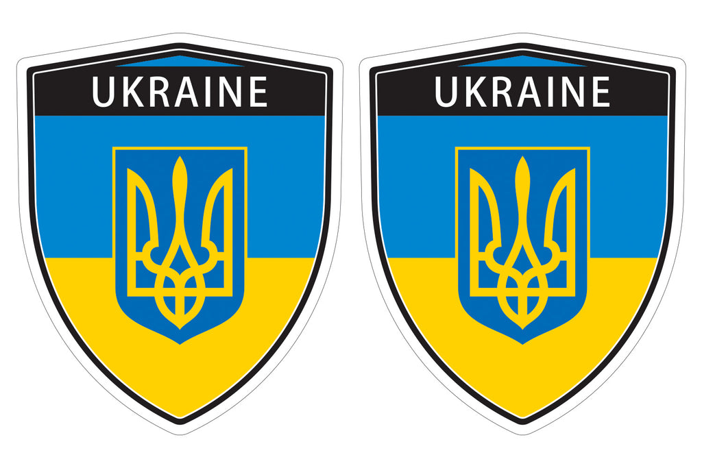 Ukraine Ukrainian Flag with Trident Tryzub Shield shape decal car bumper window sticker set of 2,  SH054