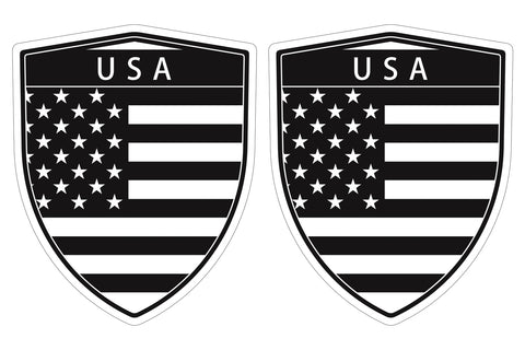 USA Black and white American Flag Shield shape decal car bumper window sticker set of 2,  SH08