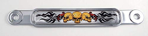 3 Scull with Flames Flag Chrome Emblem Screw On car License Plate Decal Badge