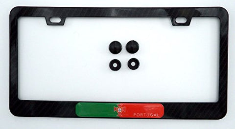 Portugal Flag Black Carbon Fiber Look Metal Car License Plate Frame