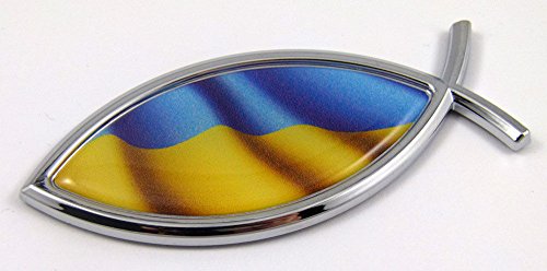 Ukraine Jesus Fish Ukrainian Flag Car Bike Chrome Emblem Decal Sticke Christian