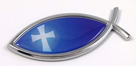 Car Chrome Decals CBFSH-BLUE Jesus Fish With Cross Flag Car bike Auto Chrome Emblem Decal Sticker Christian