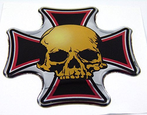Maltese cross with Skull Emblem domed decal on chrome Bike Motorcycle Car 2.5"