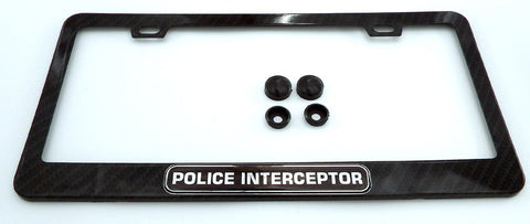 Police Interceptor Flag Black Carbon Fiber Look Metal Car License Plate Frame