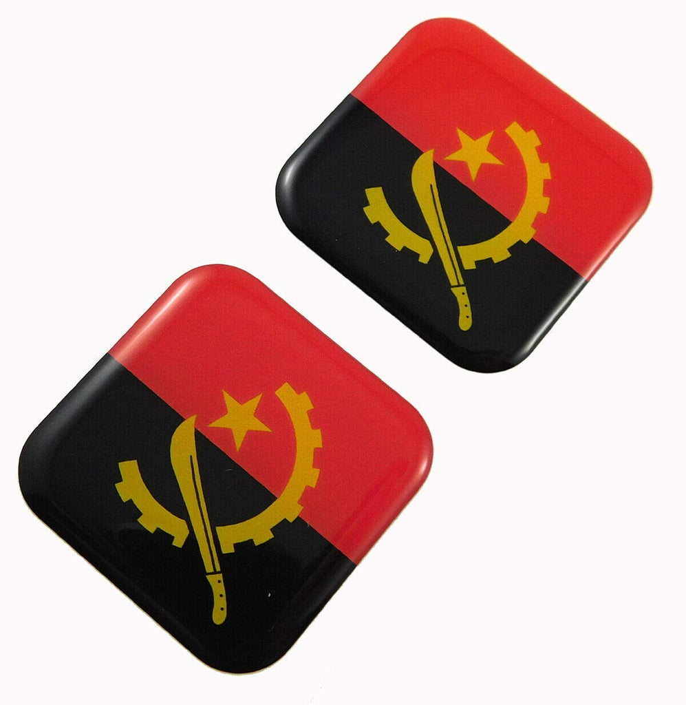Angola Flag Square Domed Decal Emblem car Biker Gel Stickers 1.5" 2pc.