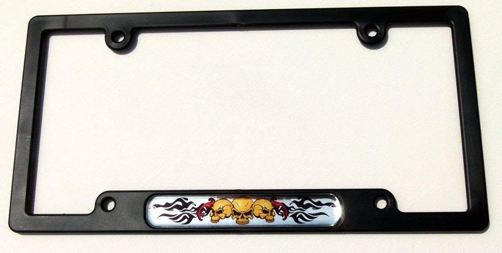 3 Skull with Flames Black Plastic Car License Plate Frame with Domed Lens Insert