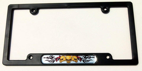 3 Skull with Flames Black Plastic Car License Plate Frame with Domed Lens Insert