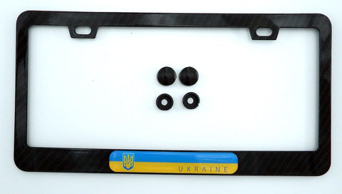 Ukraine Flag Black Carbon Fiber Look Metal Car License Plate Frame Holder