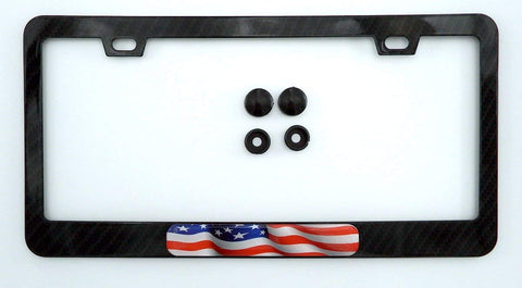 USA American Flag Black Carbon Fiber Look Metal Car License Plate Frame Holder