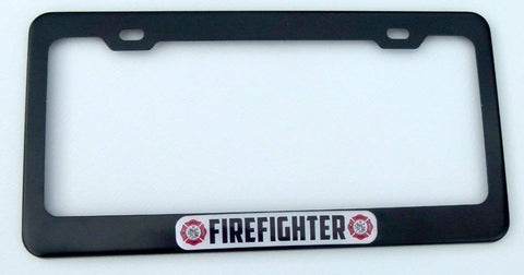 Firefighter Flag Black Metal Car License Plate Frame Domed Insert