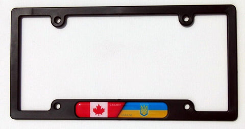 Canada / Ukraine Flag Black Plastic Car License plate frame domed colour lens