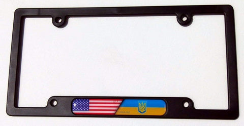 USA/Ukraine Flames Flag Black Plastic Car License Plate Frame Domed Decal