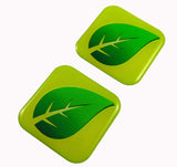 Green Leaf Flag Square Domed Decal Eco ev Hybrid car Bike Gel Stickers 1.5" 2pc