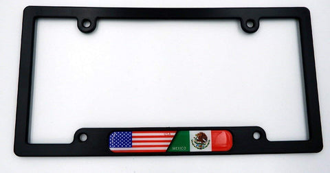 USA/Mexico Black Plastic Car License Plate Frame w/Domed Decal Insert Flag
