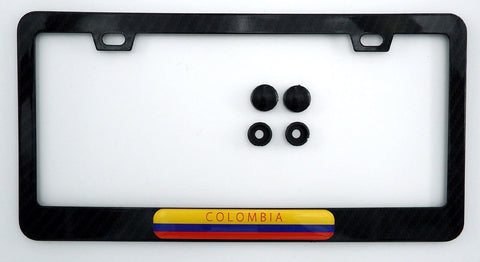 Colombia Flag Black Carbon Fibre Fiber Look Metal Car License Plate Frame