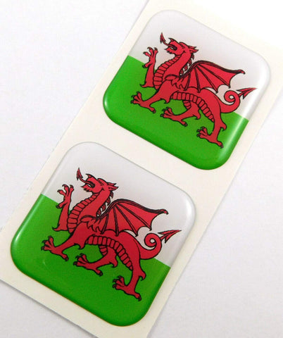 Wales Welsh Flag Square Domed Decal car Bike Gel Stickers 1.5" 2pc