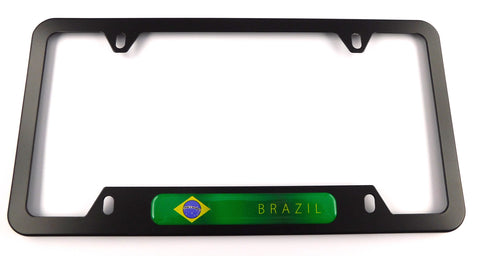 Brazil Flag Metal Black Aluminium Car License Plate Frame Holder 4 hole bottom cutout