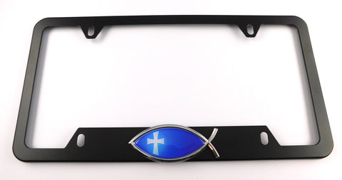 Christian Jesus Fish Metal Black Aluminium Car License Plate Frame Holder 4 hole bottom cutout