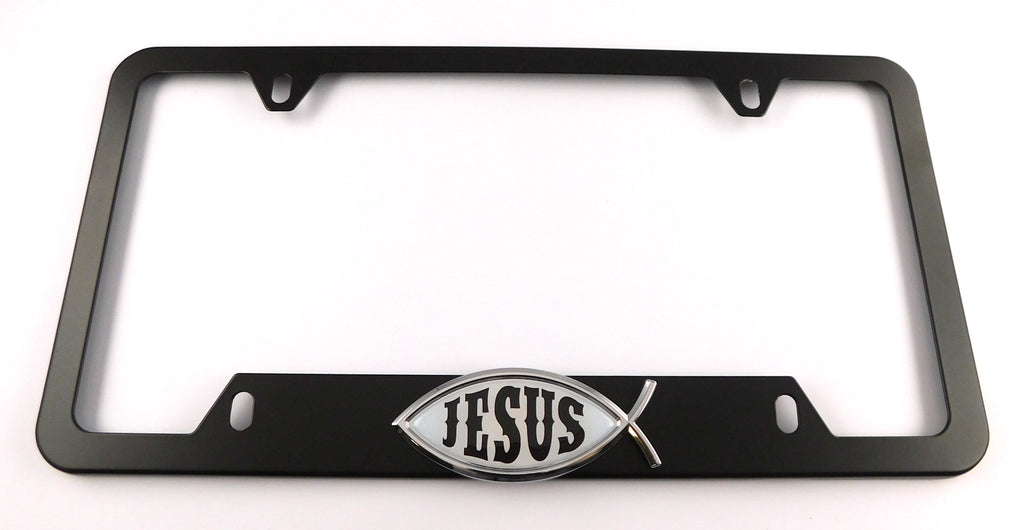 Jesus Fish Metal Black Aluminium Car License Plate Frame Holder 4 hole bottom cutout