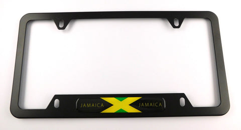 Jamaica Jamaican Flag Metal Black Aluminium Car License Plate Frame Holder 4 hole bottom cutout