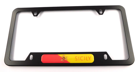 Sicily Flag Metal Black Aluminium Car License Plate Frame Holder 4 hole bottom cutout