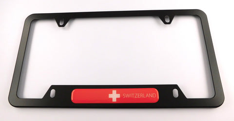 Switzerland Swiss Flag Metal Black Aluminium Car License Plate Frame Holder 4 hole bottom cutout