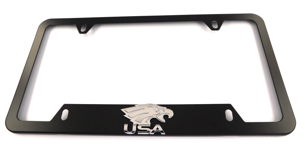 USA Eagle Chrome Metal Black Aluminium Car License Plate Frame Holder 4 hole bottom cutout