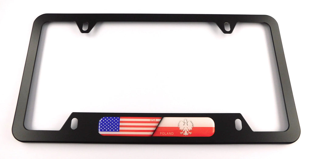 USA Poland Flag Metal Black Aluminium Car License Plate Frame Holder 4 hole bottom cutout