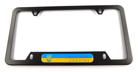 Ukraine Ukrainian Flag Metal Black Aluminium Car License Plate Frame Holder 4 hole bottom cutout